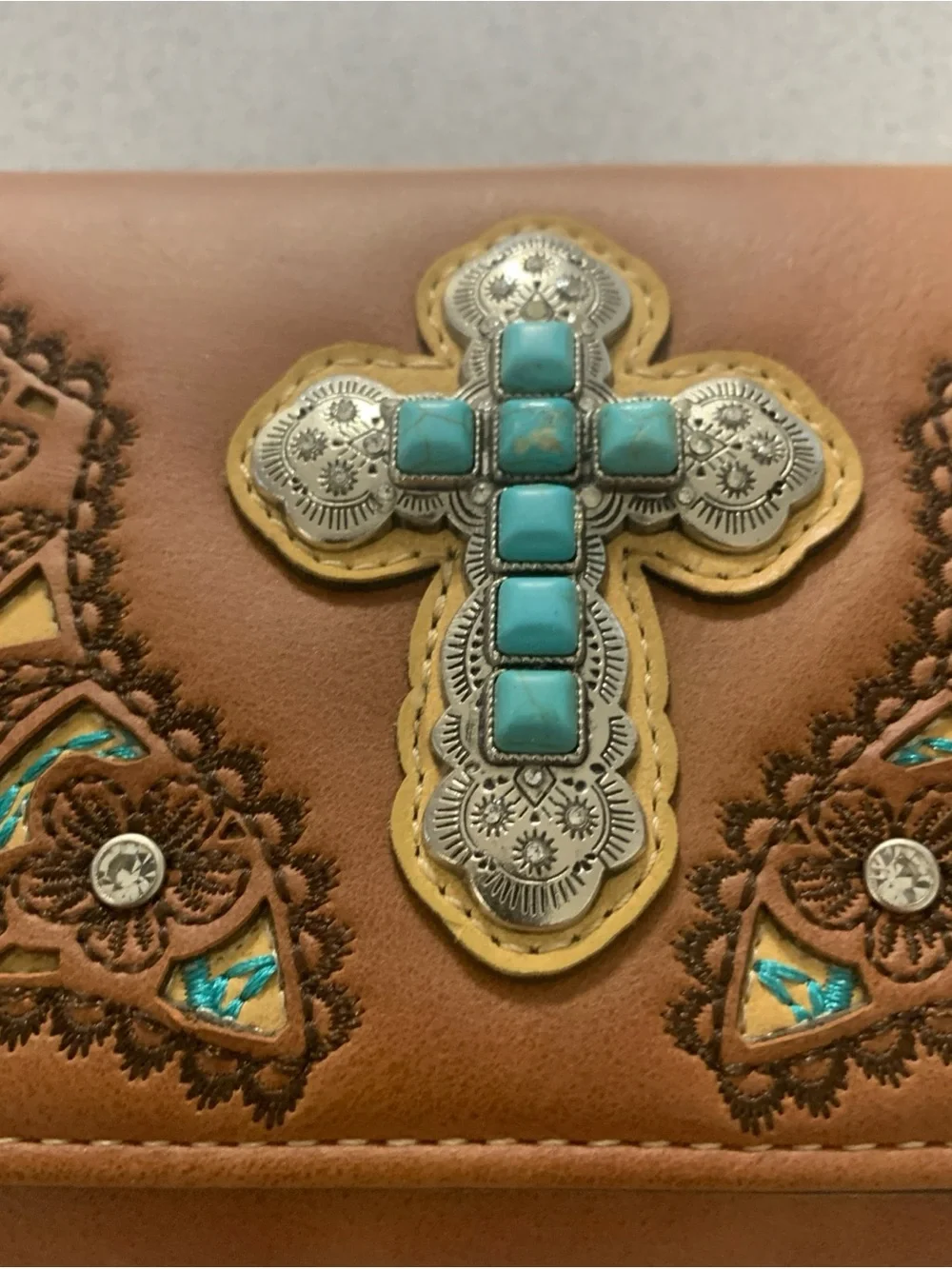 Embellished Tan Wristlet/Crossbody with Turquoise Cross Accent